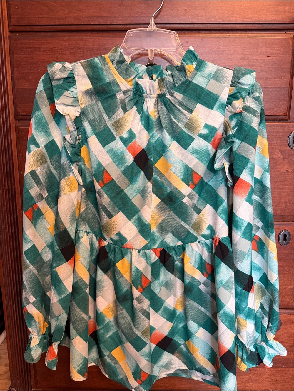 JODIFL Green Plaid Ruffle Neck Women’s Blouse with Colorful Accents